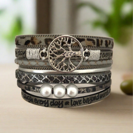 Grey Toned Magnetic Bracelet with Tree of Life, Pearl, Leopard Print, Message and Silver Accents - For Narrow Wrist - Cheeky Goddess