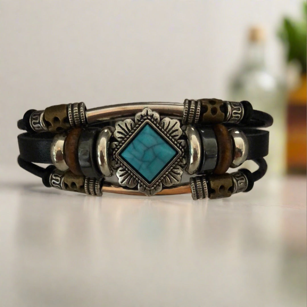 Southwestern Style Black Slot Clasp Bracelet with Blue, Brass and Silver Accents - Cheeky Goddess