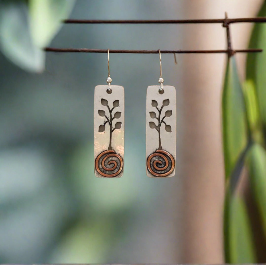 Rectangular Tree with Leaf Cutouts and Copper Colored Swirl Earrings - Cheeky Goddess