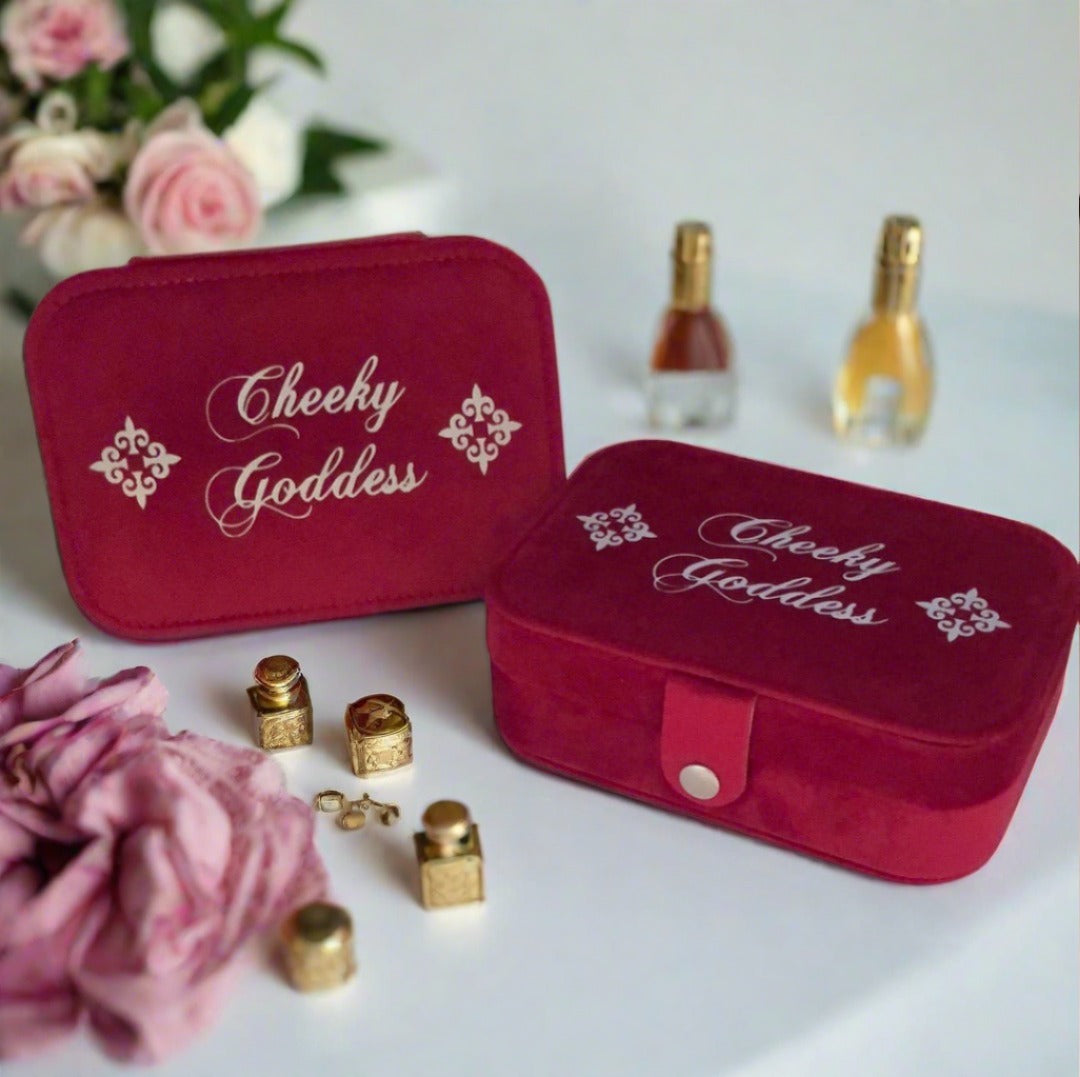 Custom Name Velvet Jewellery Box - Red - Personalized Gifts for Her - For Dresser or Travel - Cheeky Goddess