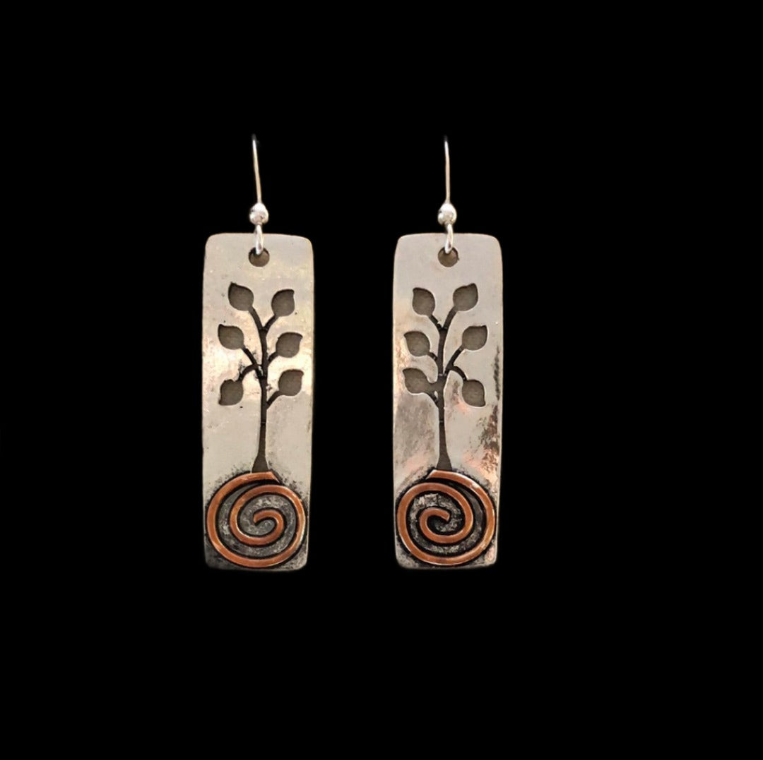 Rectangular Tree with Leaf Cutouts and Copper Colored Swirl Earrings - Cheeky Goddess