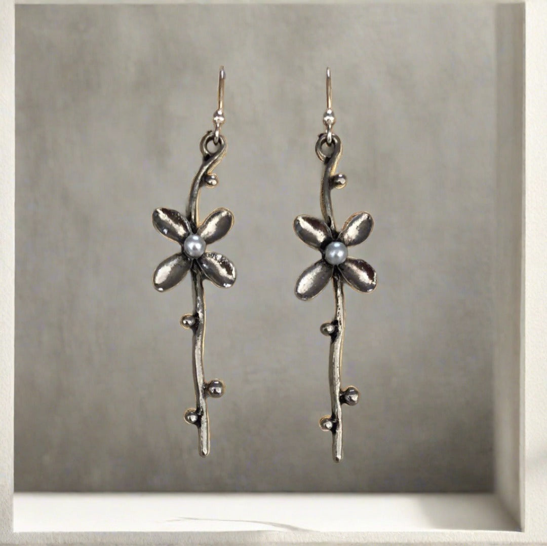 Flower and Stem Drop Earrings with Faux Pearl - Cheeky Goddess