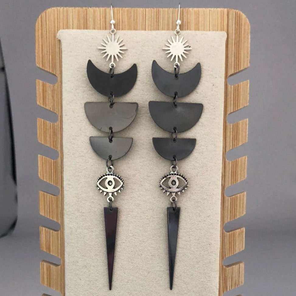 Drop Earrings with Sun, moon and Eye - Black and Silver - Cheeky Goddess