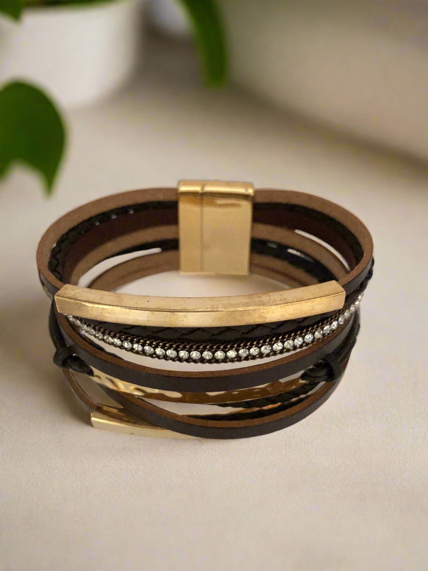 Brown with Gold Accents and Diamante Magnetic Clasp Bracelet - Cheeky Goddess