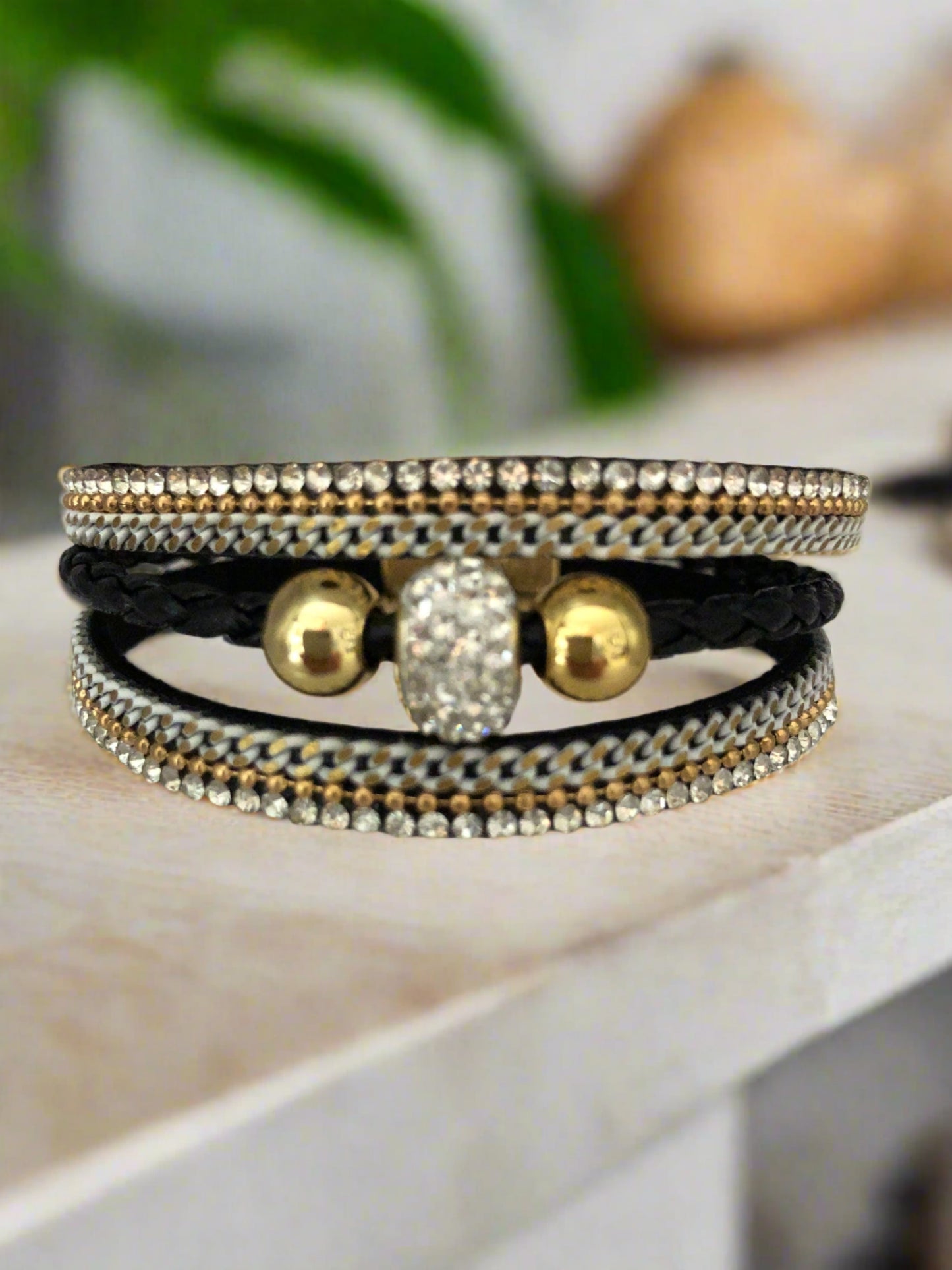 Black and Diamante Magnetic Bracelet with Gold Accents - Cheeky Goddess