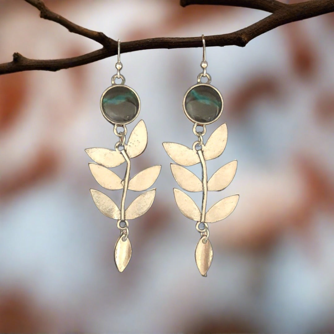 Leaf Stem Drop Earrings with Blueish Accent - Cheeky Goddess