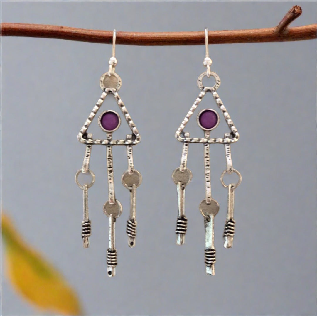 Triangle Tribal Earrings with Purple Accent - Cheeky Goddess