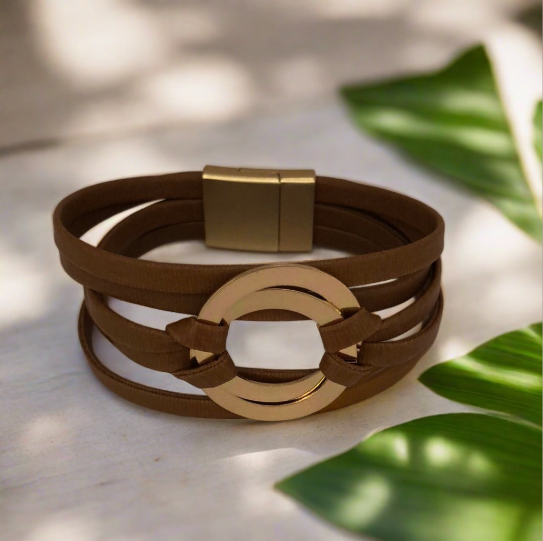 Brown PU Leather Magnetic Bracelet with Gold Circle Accents - Cheeky Goddess