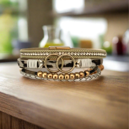 Brown and White Toned Magnetic Bracelet with Circles, Gold, White, Leopard and Diamanté Accents - Cheeky Goddess