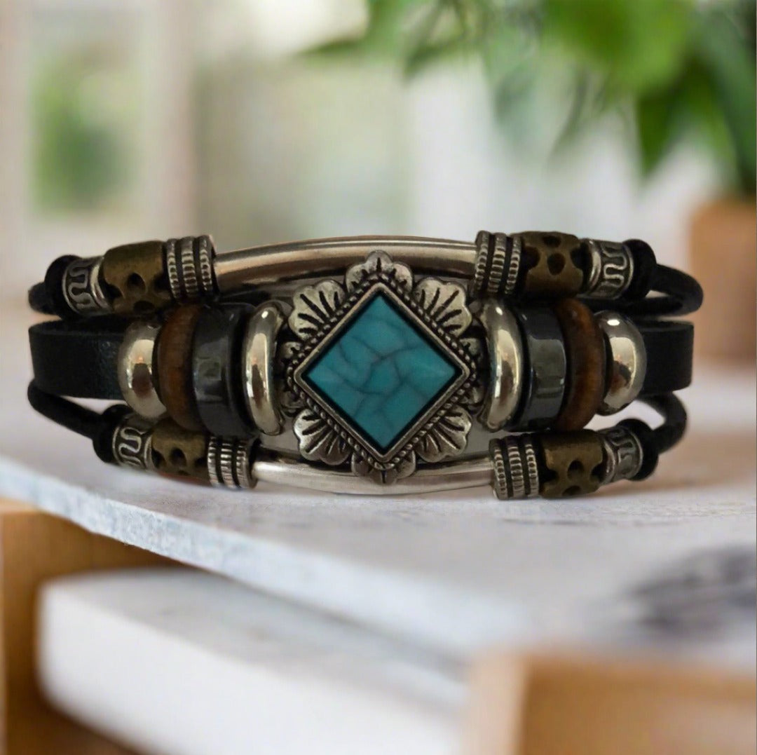 Southwestern Style Black Slot Clasp Bracelet with Blue, Brass and Silver Accents - Cheeky Goddess