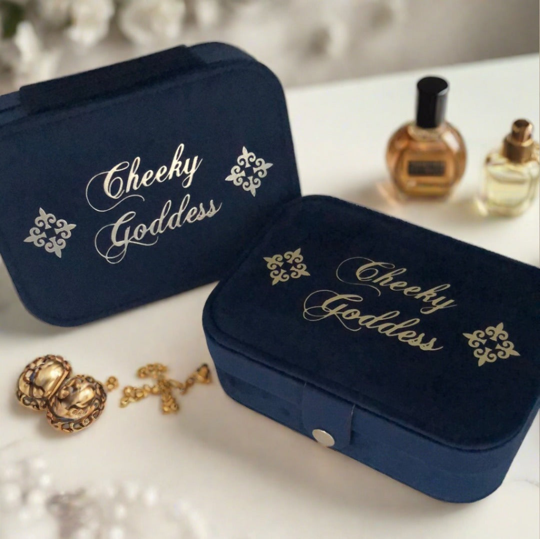 Custom Name Velvet Jewellery Box - Dark Blue - Personalized Gifts for Her - For Dresser or Travel - Cheeky Goddess