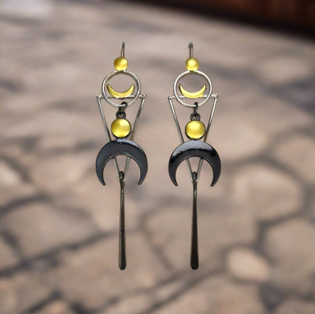 Moon with Triangle and Circle Shapes Earrings with Grey and Yellow Accents - Cheeky Goddess