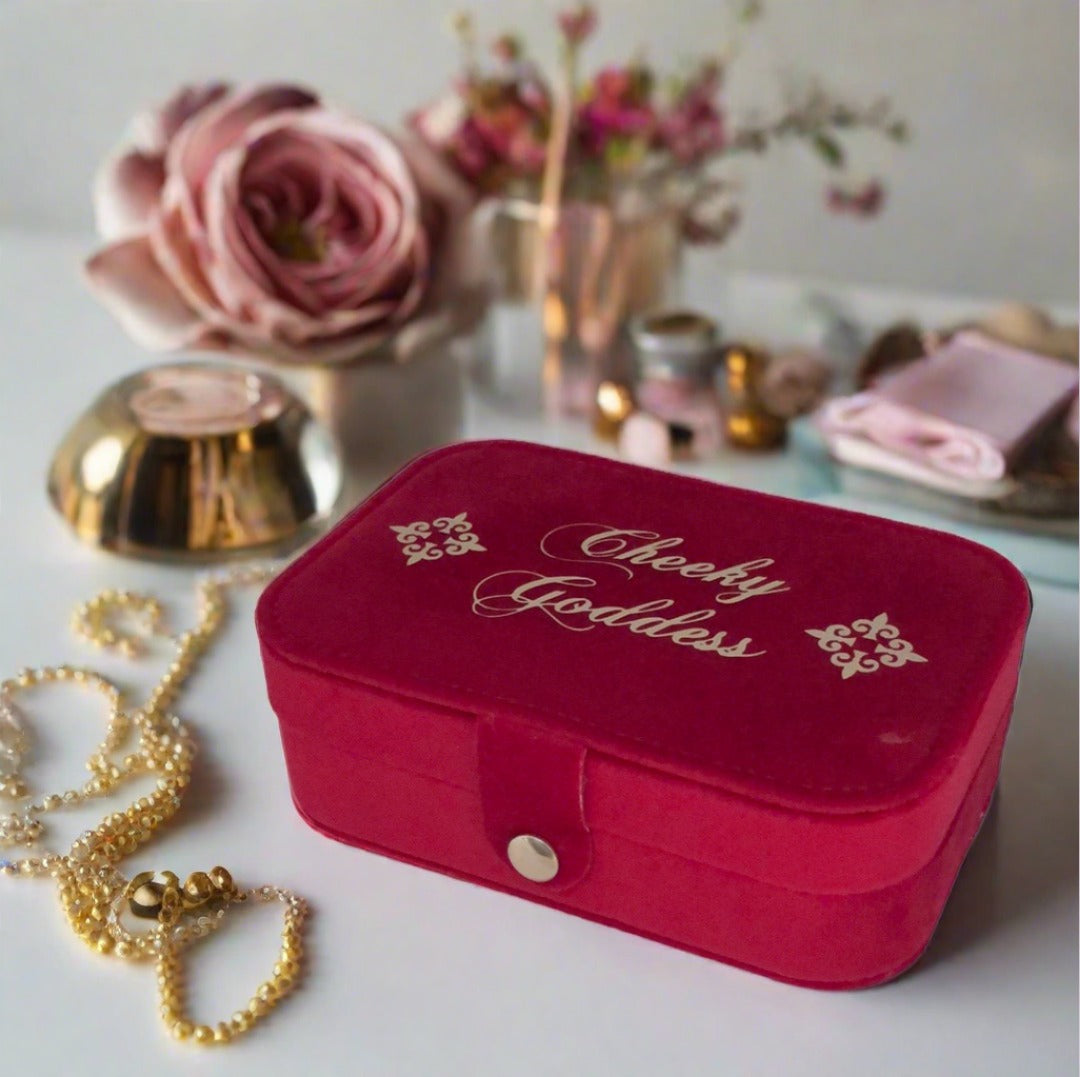 Custom Name Velvet Jewellery Box - Red - Personalized Gifts for Her - For Dresser or Travel - Cheeky Goddess