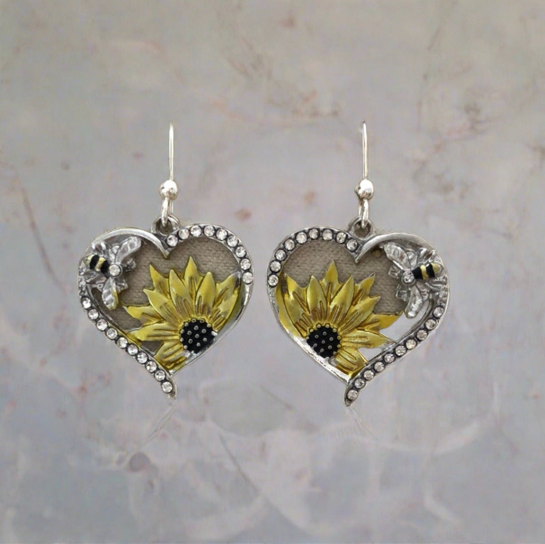 Heart Shaped Earrings with Sunflowers, Bees and Diamante Accents - Cheeky Goddess