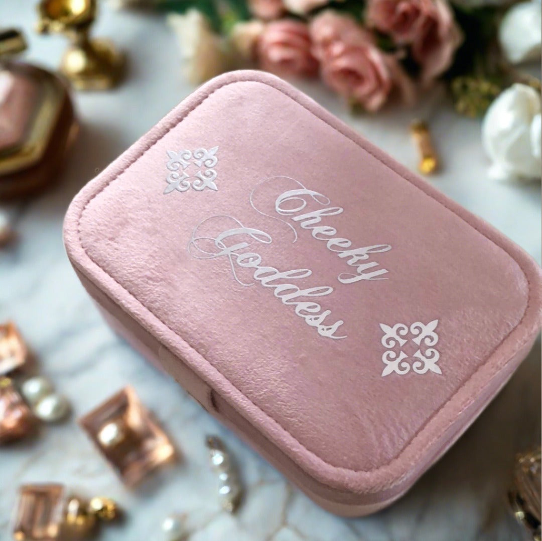 Custom Name Velvet Jewellery Box - Pink - Personalized Gifts for Her - For Dresser or Travel - Cheeky Goddess