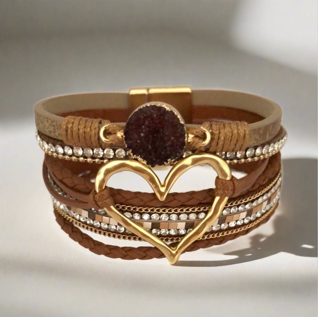 Brown Toned Magnetic Bracelet with Heart, Diamanté, Crystal and Gold Accents - Cheeky Goddess