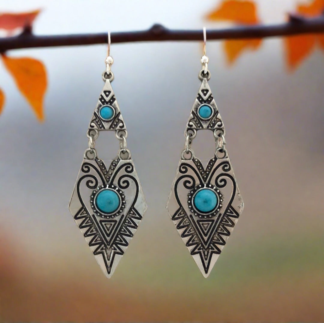 Tribal Drop Earrings with Turquoise Blue Accents - Cheeky Goddess