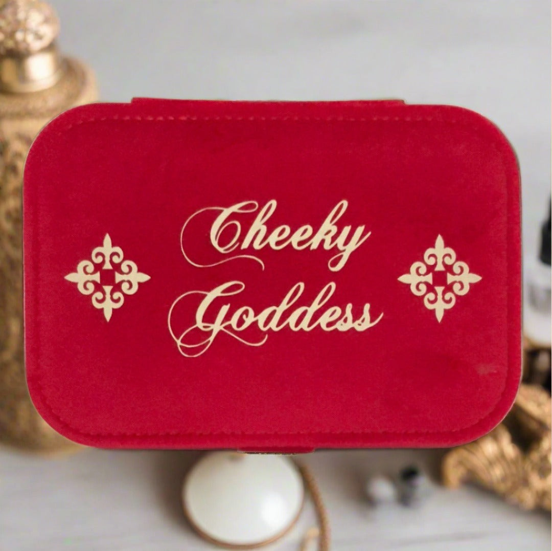 Custom Name Velvet Jewellery Box - Red - Personalized Gifts for Her - For Dresser or Travel - Cheeky Goddess