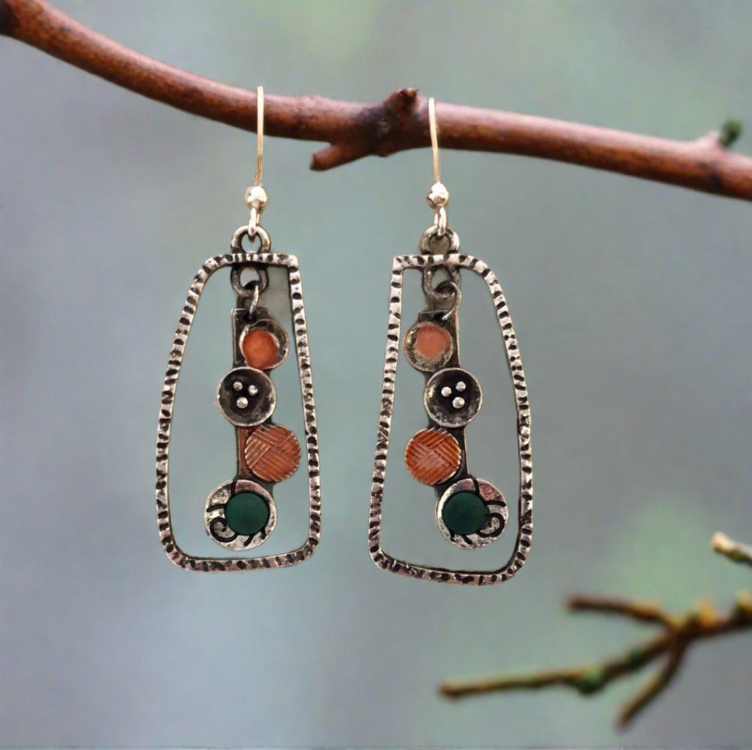 Rectangular Frame with Circle Interior Earrings with Copper and Green Accent Colors - Cheeky Goddess