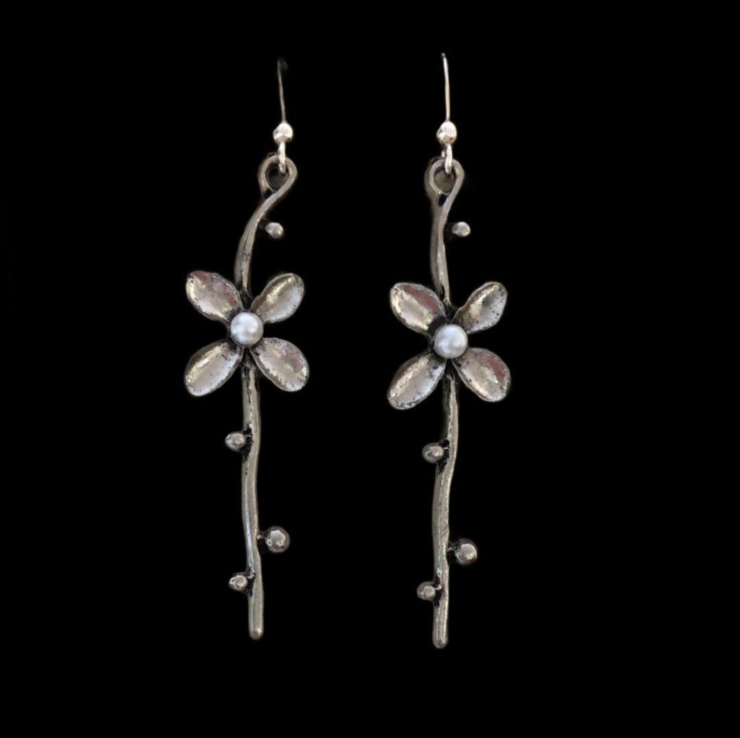 Flower and Stem Drop Earrings with Faux Pearl - Cheeky Goddess