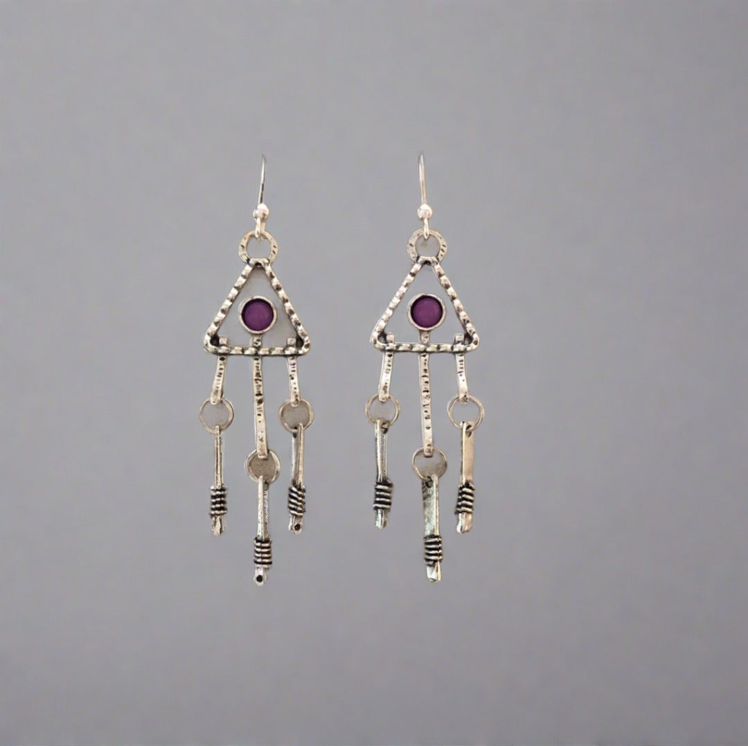 Triangle Tribal Earrings with Purple Accent - Cheeky Goddess