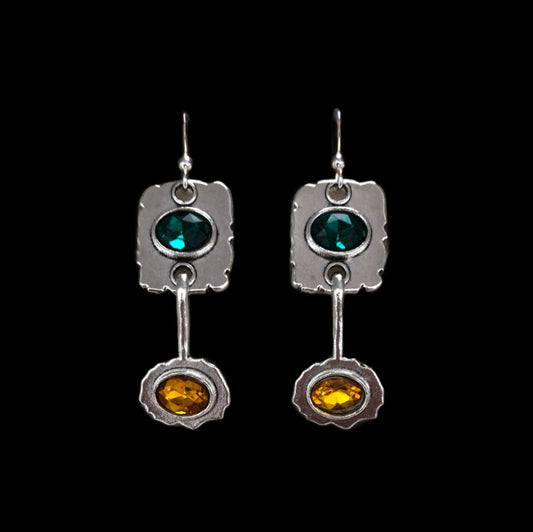 Silver Metallic Drop Earrings with Green and Gold Faceted Accents - Cheeky Goddess