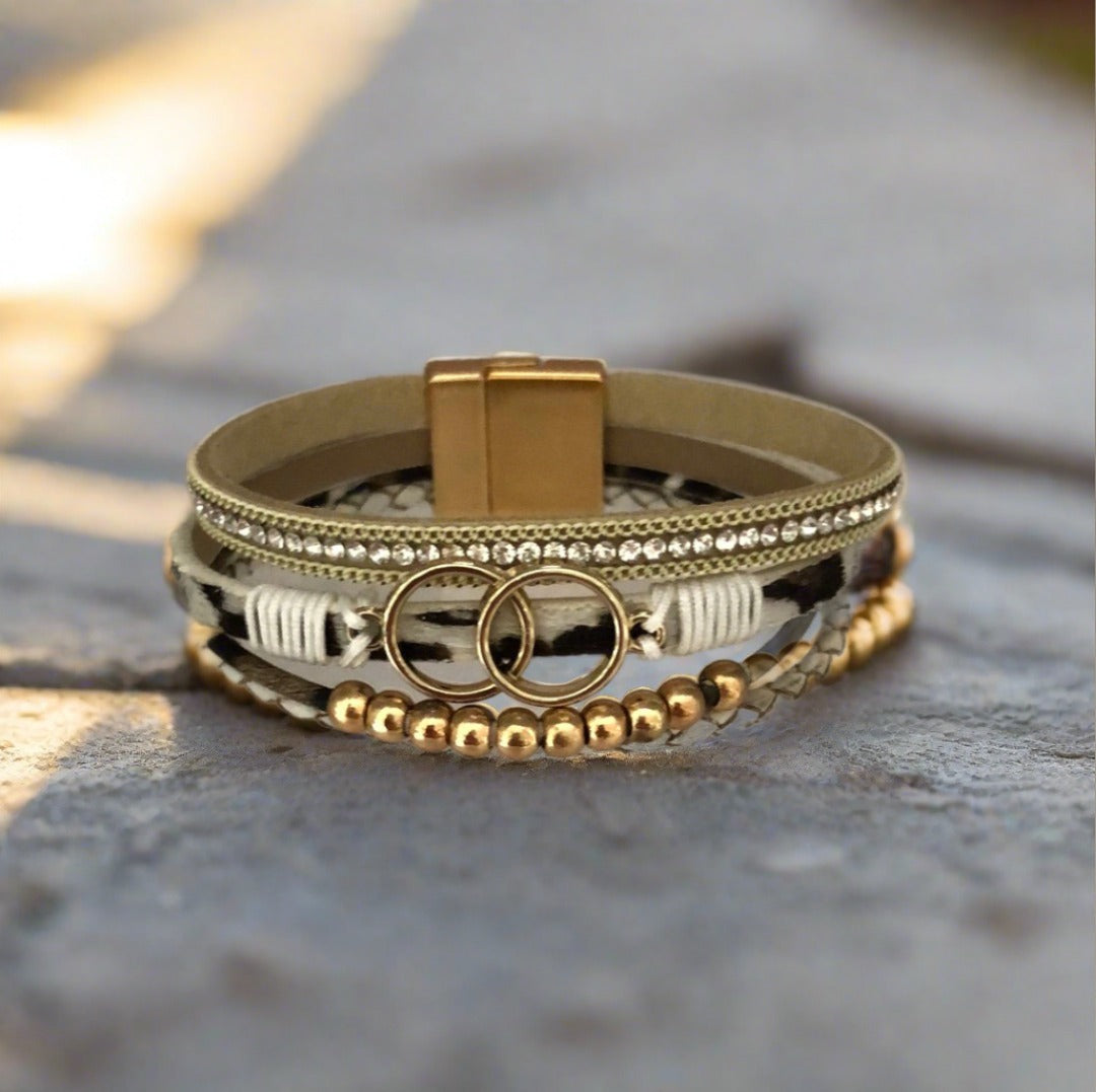 Brown and White Toned Magnetic Bracelet with Circles, Gold, White, Leopard and Diamanté Accents - Cheeky Goddess