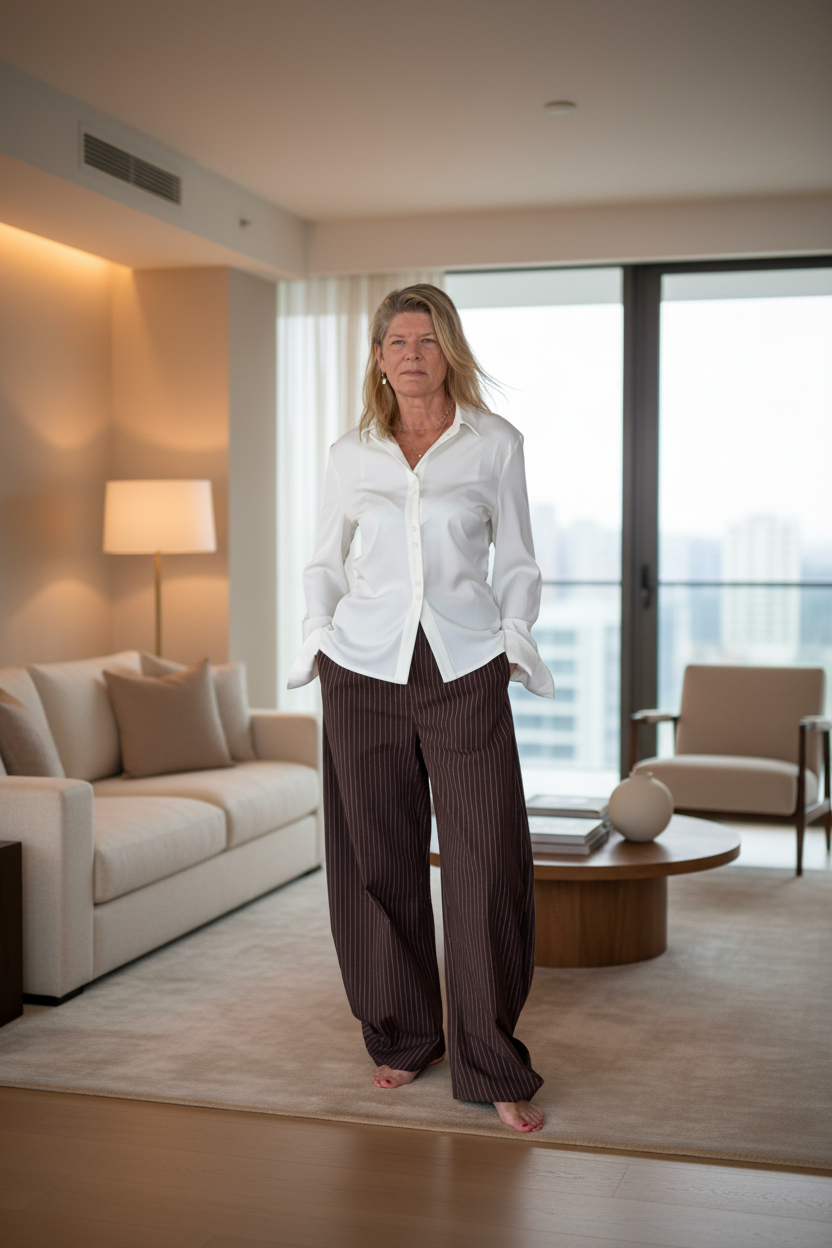 A woman stands in a modern living room wearing a white button-up shirt and dark brown pinstriped trousers.