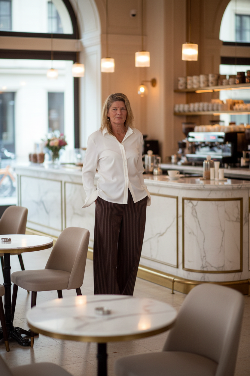 A woman stands in a modern cafe interior wearing a white button-down shirt and dark brown pinstriped trousers, positioned in front of a marble counter with cafe tables and chairs in the foreground.