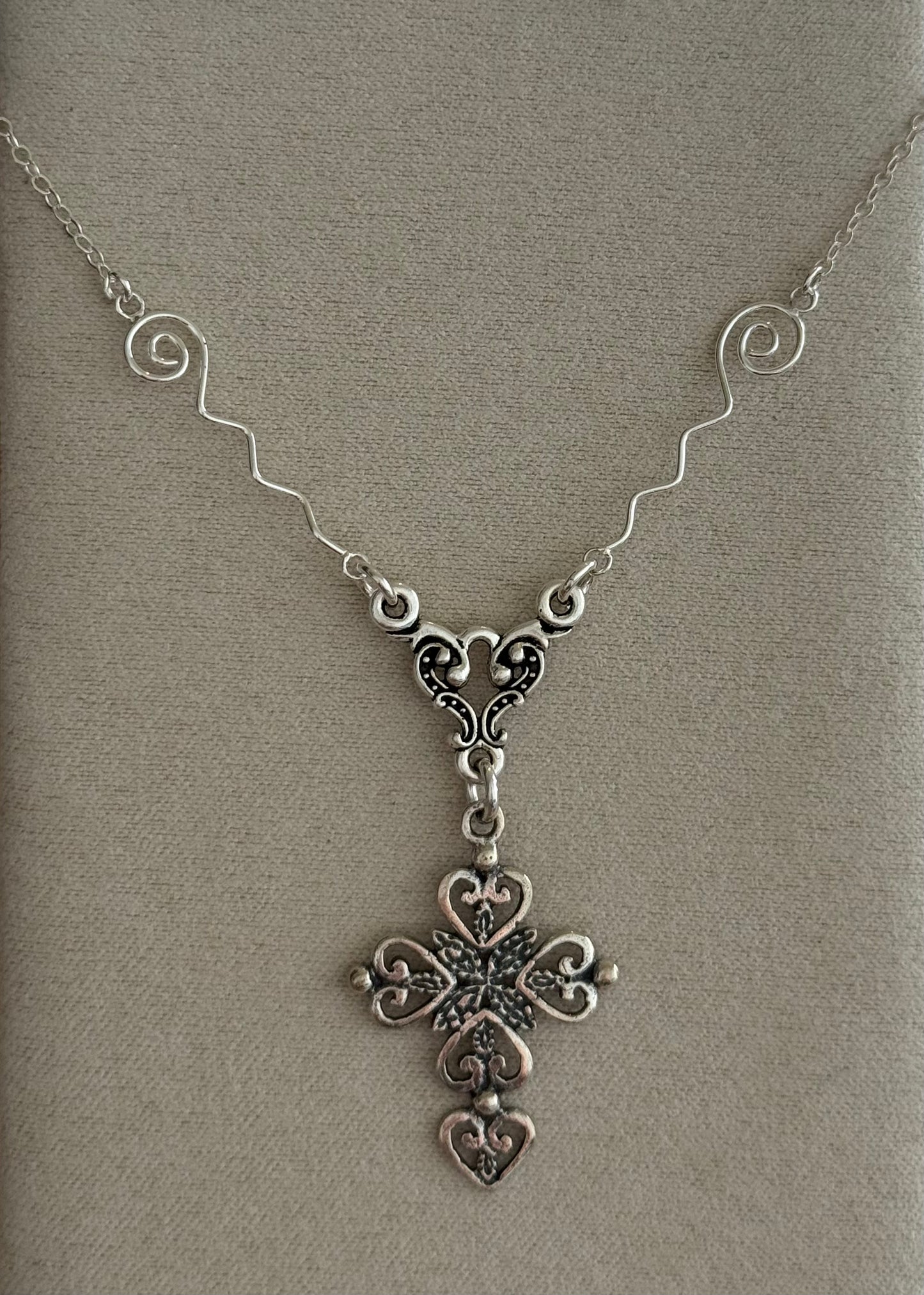 Cross Heart and Spiral Sterling Silver Necklace