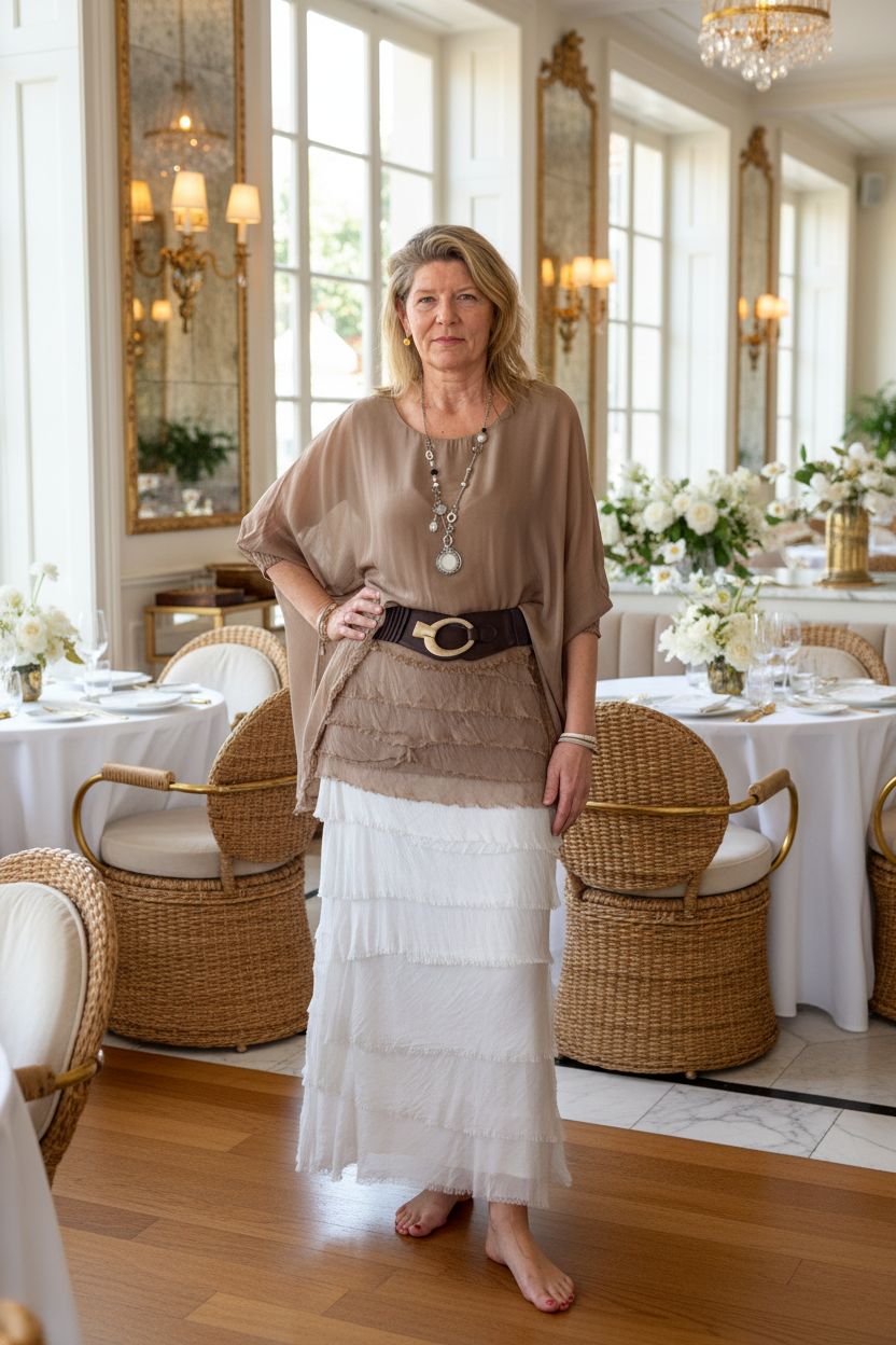 A woman stands in a bright, elegant dining room wearing a sheer taupe-brown top, a textured brown wrap skirt, and a wide black belt with a gold buckle. She is barefoot on a wooden floor with wicker chairs and white tablecloths in the background.  Silk top and skirt.  Cheeky Goddess.  Australia.