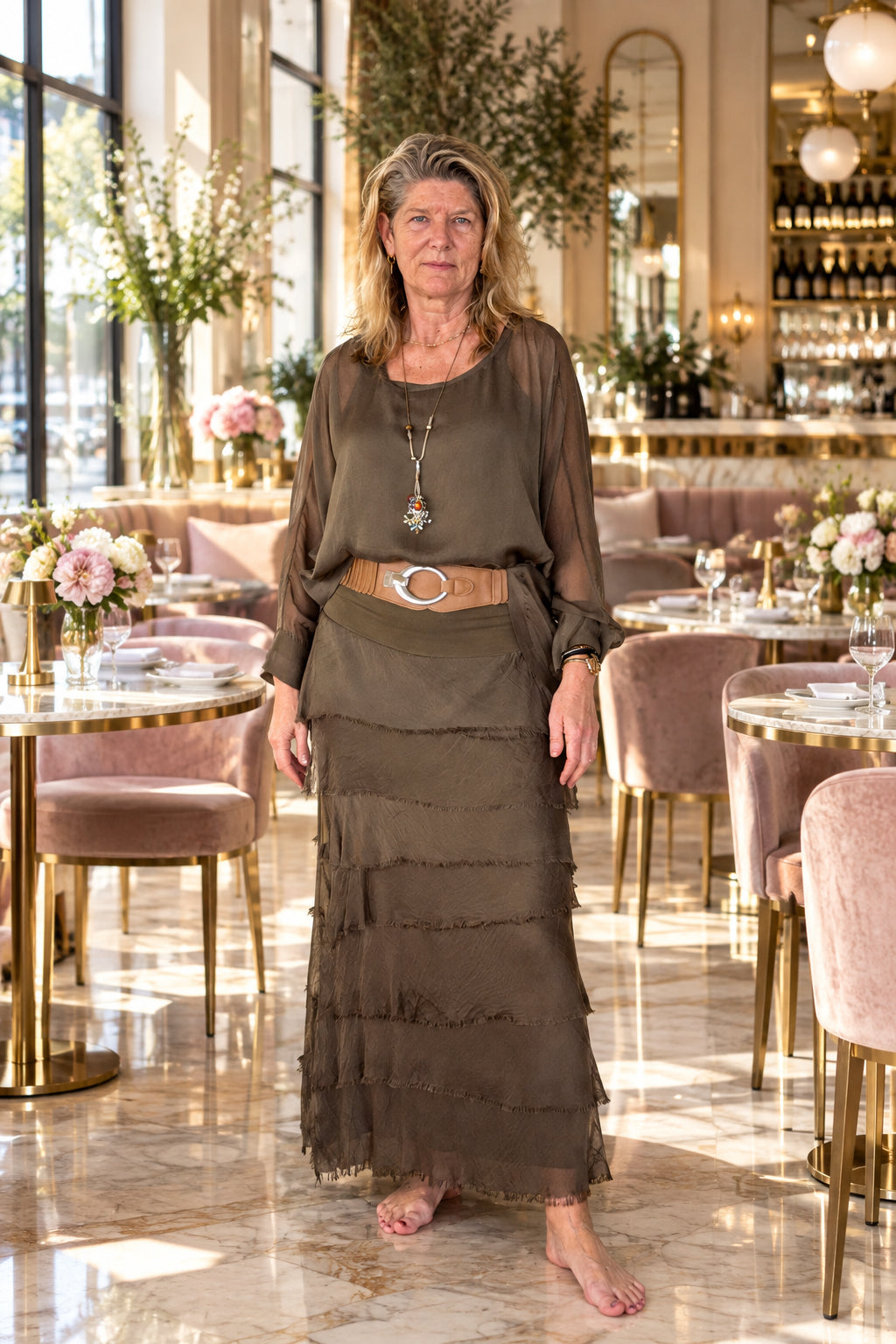 A woman stands barefoot against a plain off-white wall, wearing a long-sleeve taupe-brown top and a matching tiered maxi skirt with a tan belt.