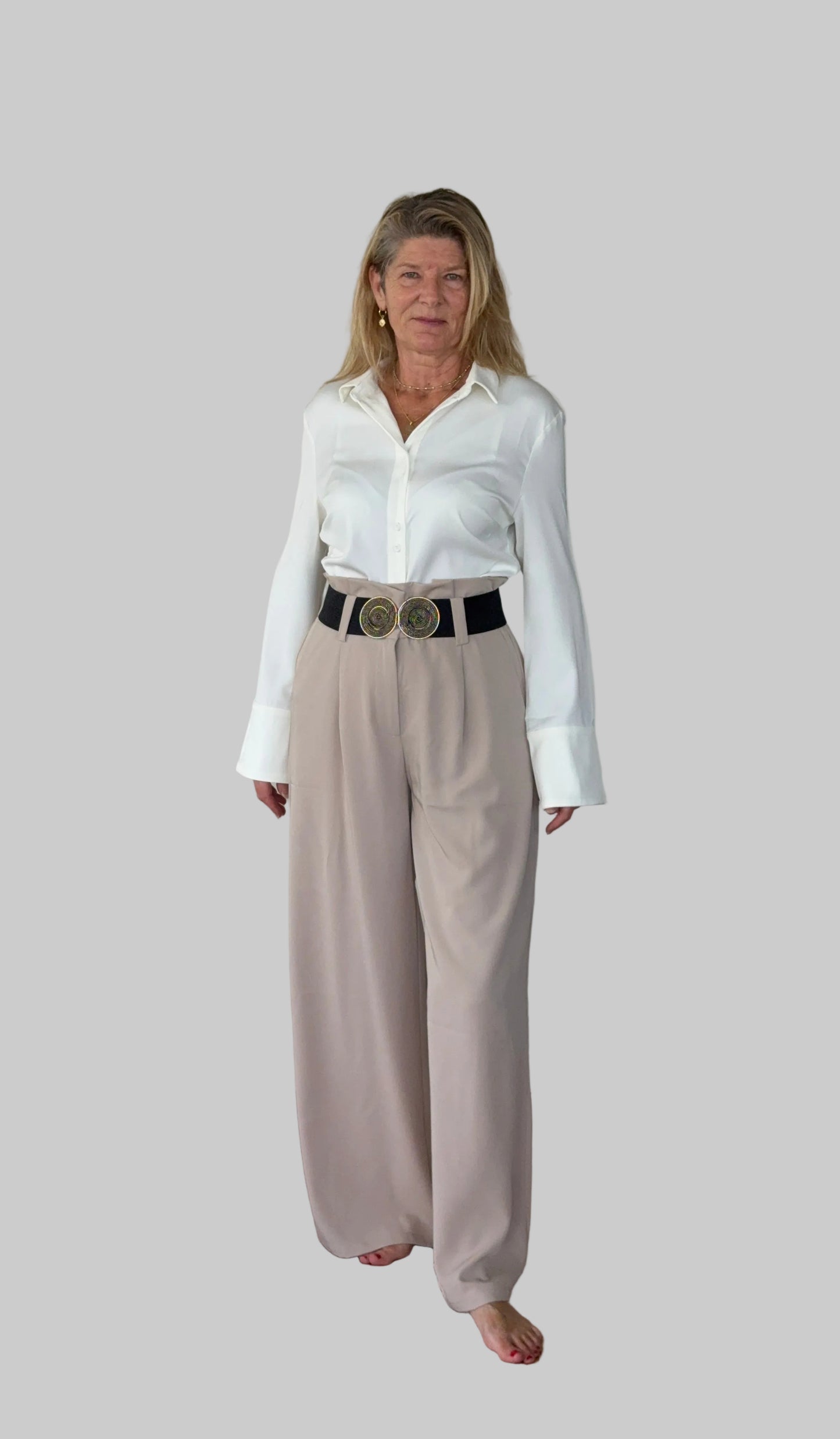 Beige paper bag waist pants women - front view - flattering wide leg - with wide belt and white shirt tucked in - Cheeky Goddess Australia