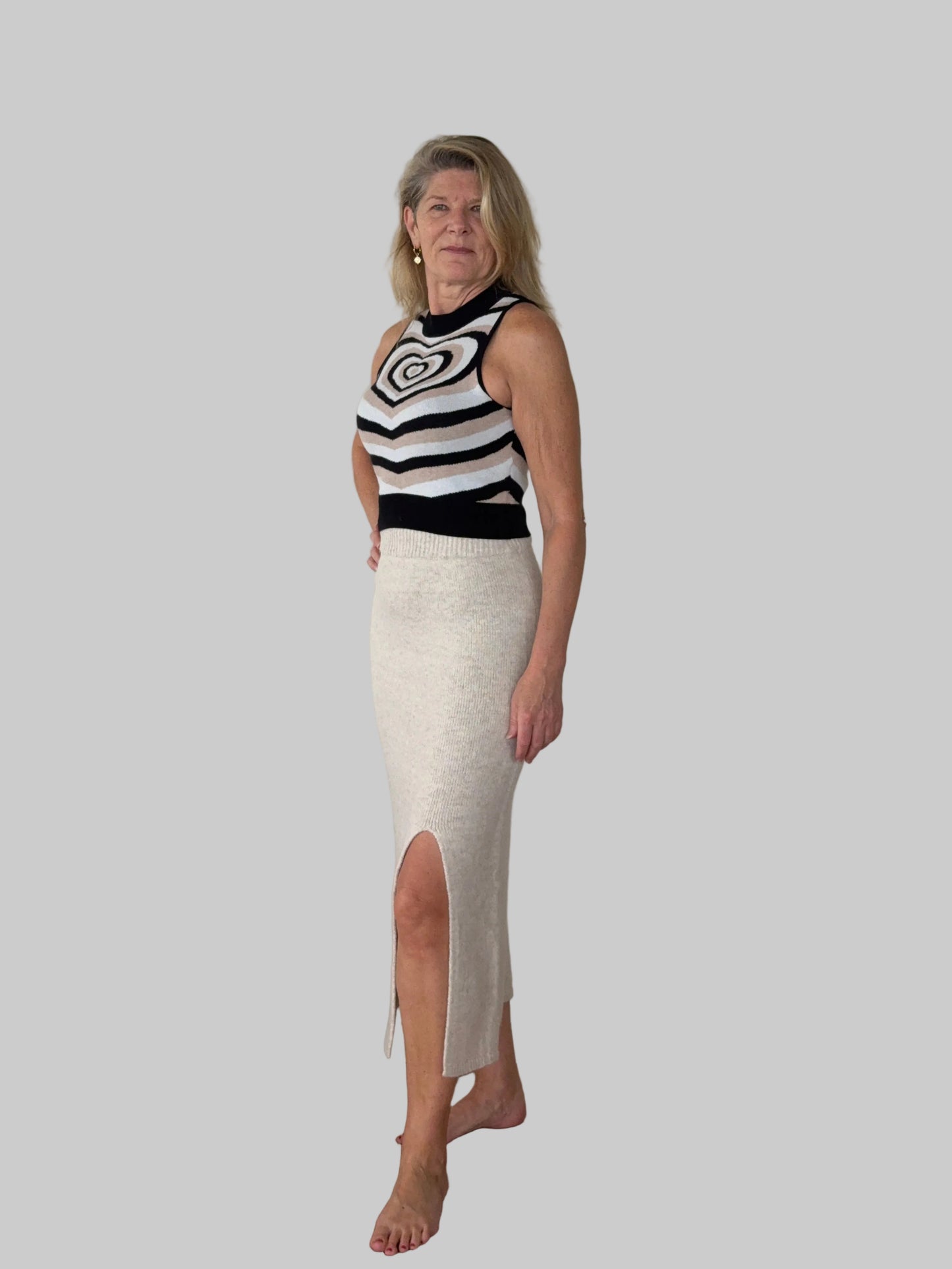 Heart print knit top styled with cream knit skirt - women's fashion Australia - Cheeky Goddess