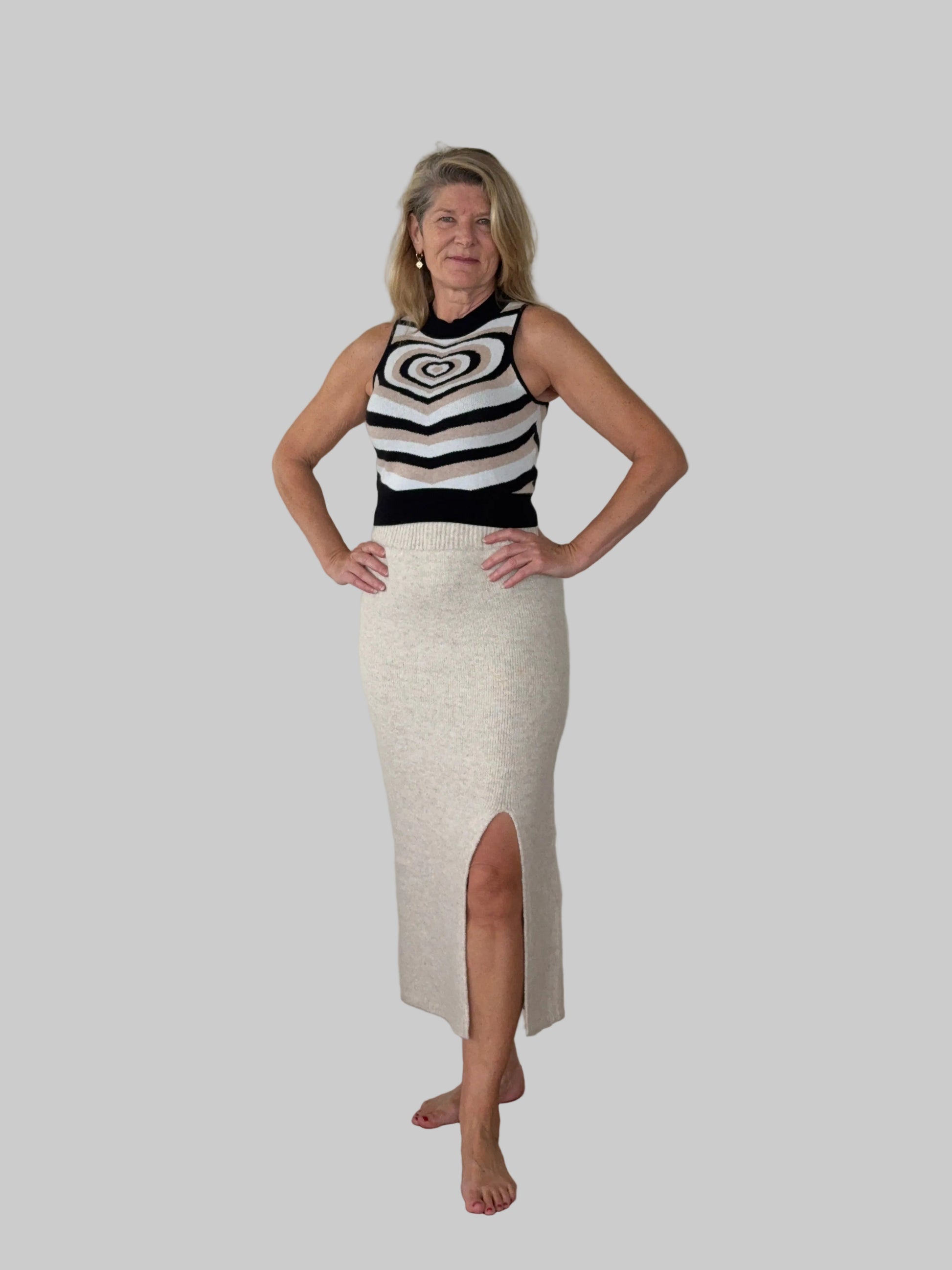 Women's sleeveless heart print stretch knit top in black white and cream - doesn't show visible sweat marks - Cheeky Goddess Australia
