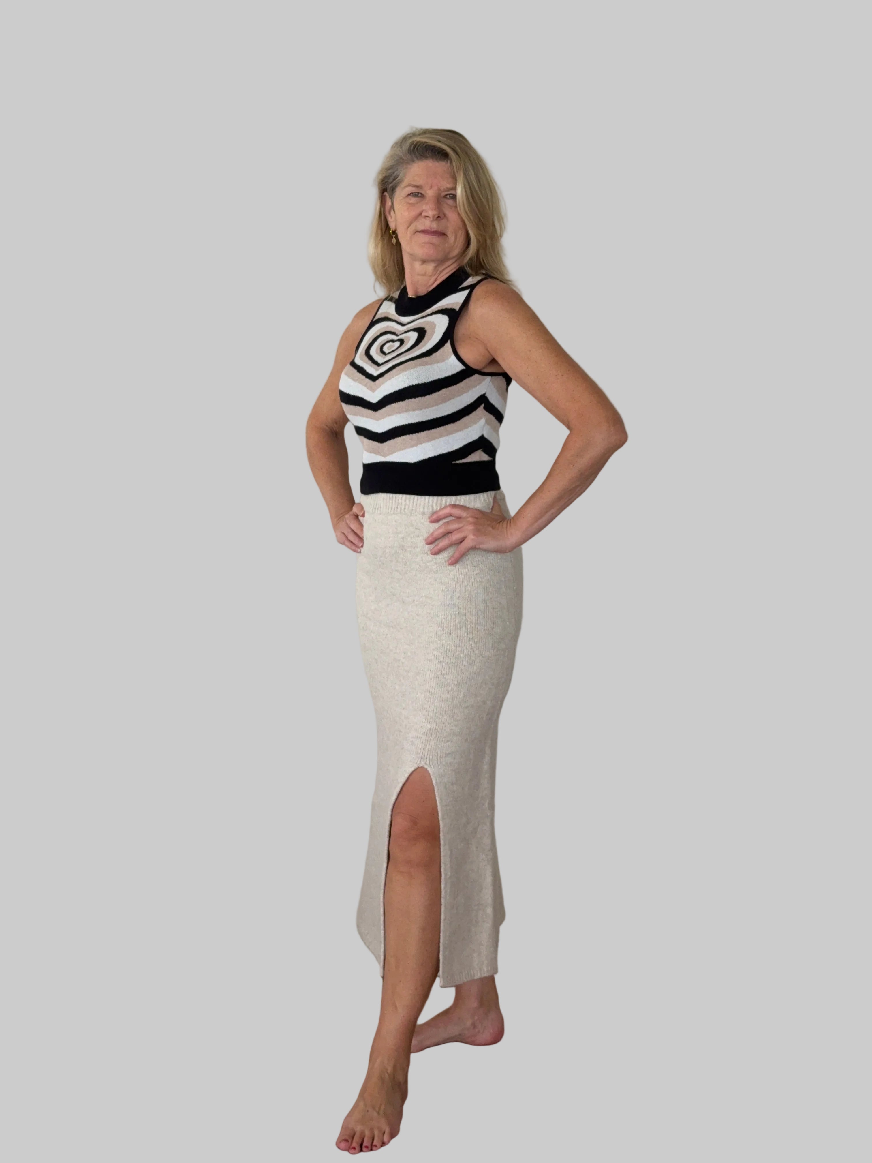 Oatmeal Soft Knit Midi Skirt with Front Split for Women Australia