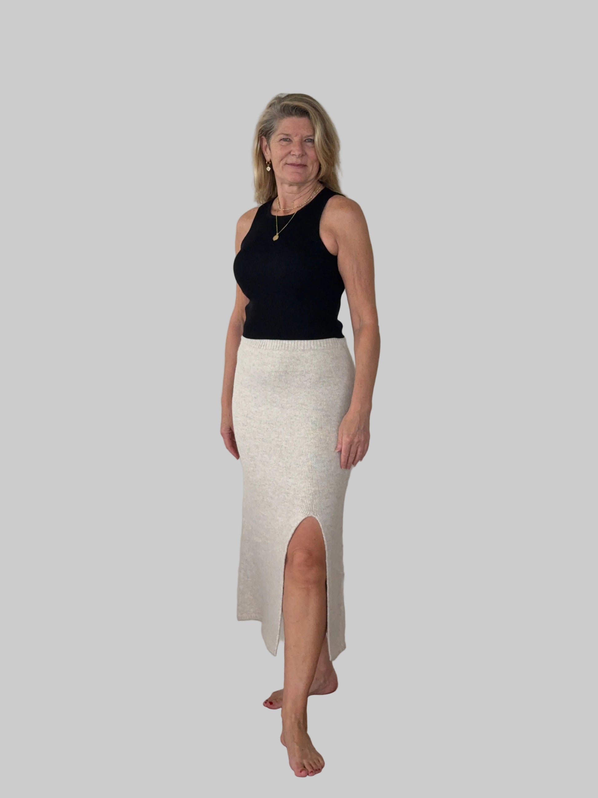 Soft knit cream midi skirt front split women Australia - front side view - with black knit tank top - Vida M/L - Cheeky Goddess