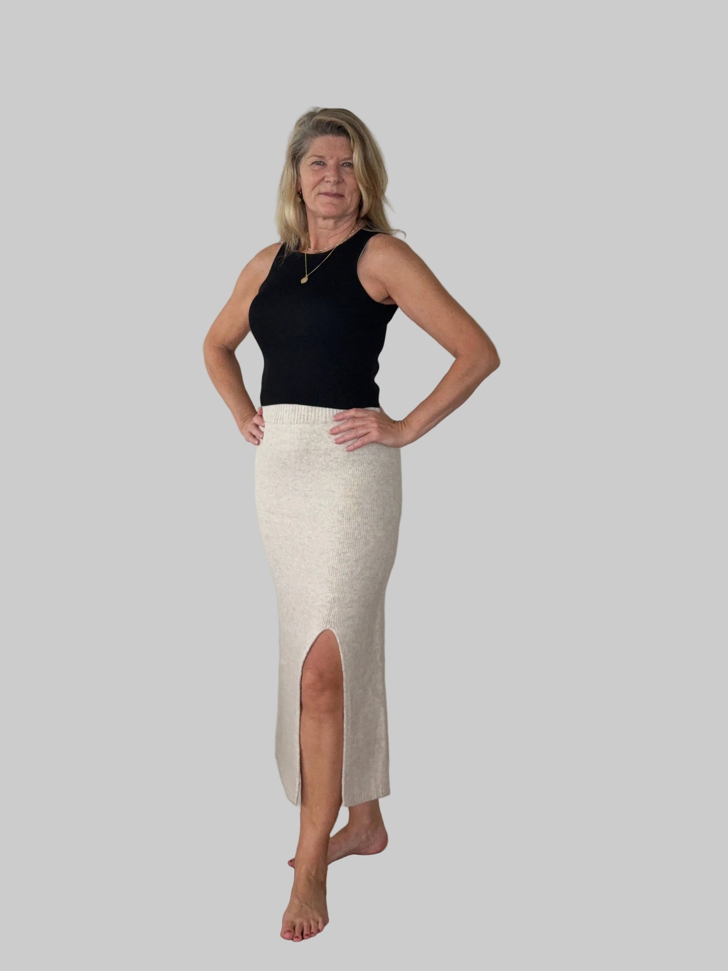 Soft knit cream midi skirt front split women Australia - front side view - with black knit tank top - Vida M/L - Cheeky Goddess