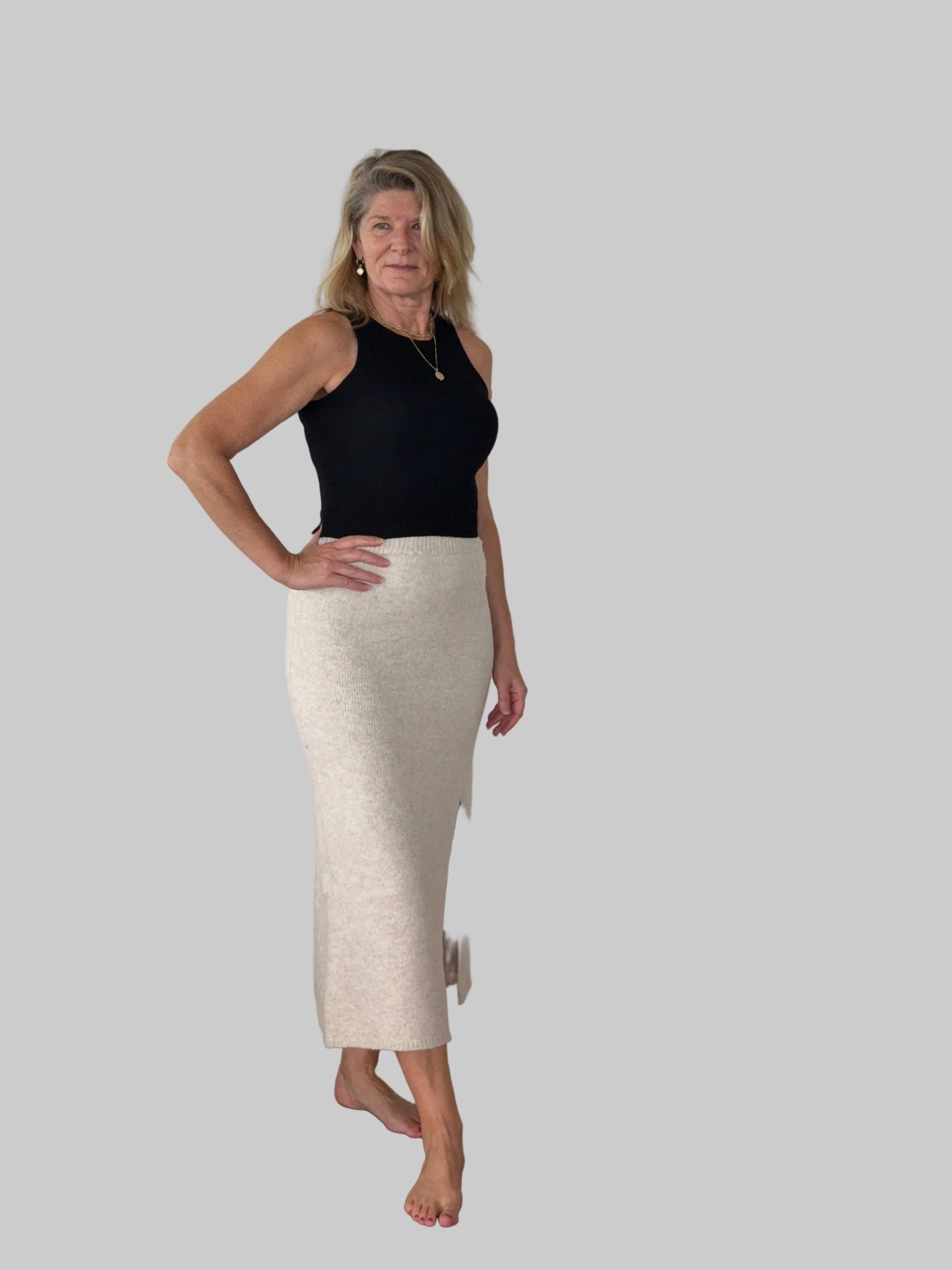 Soft knit cream midi skirt front split women Australia - front side view - with black knit tank top - Vida M/L - Cheeky Goddess