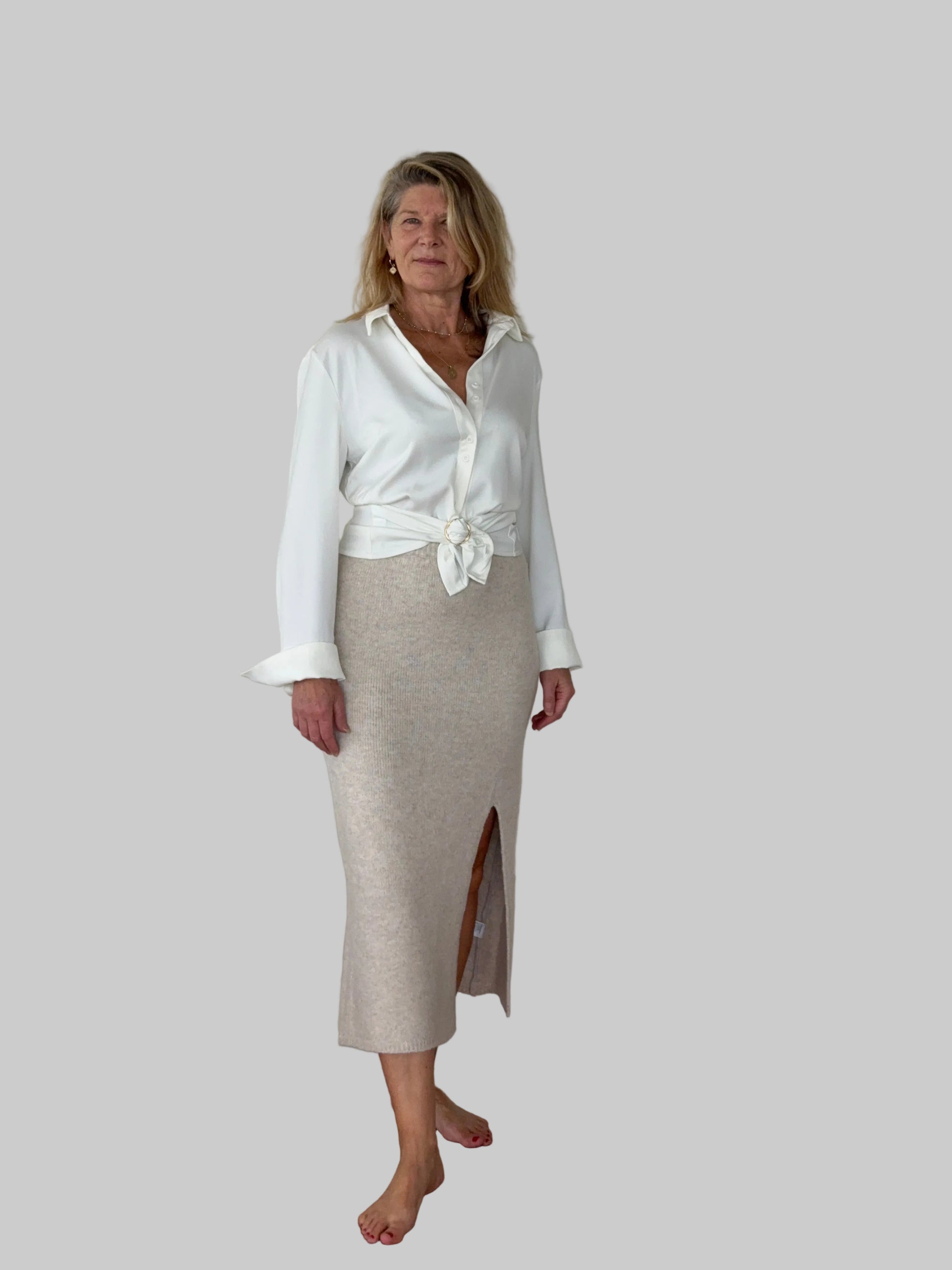 Soft knit cream midi skirt front split women Australia - front side view - with white long sleeved shirt tied at the waist - Vida M/L - Cheeky Goddess