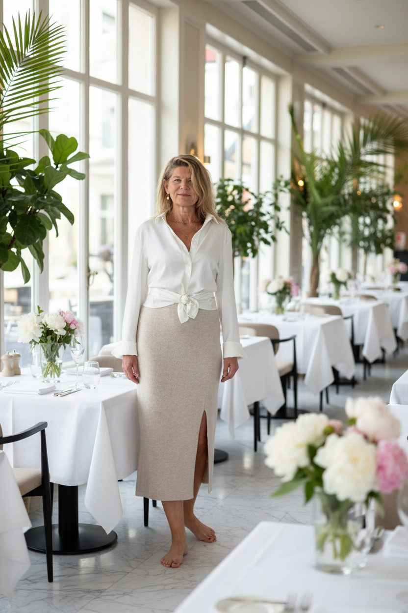 woman in an elegant restaurant wearing a white shirt and cream colored split knit skirt
