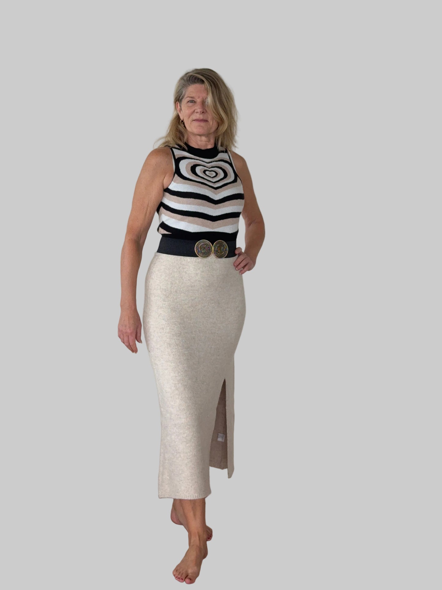 Soft knit cream midi skirt front split women Australia - front side view - with geometric tank top - Vida M/L - Cheeky Goddess