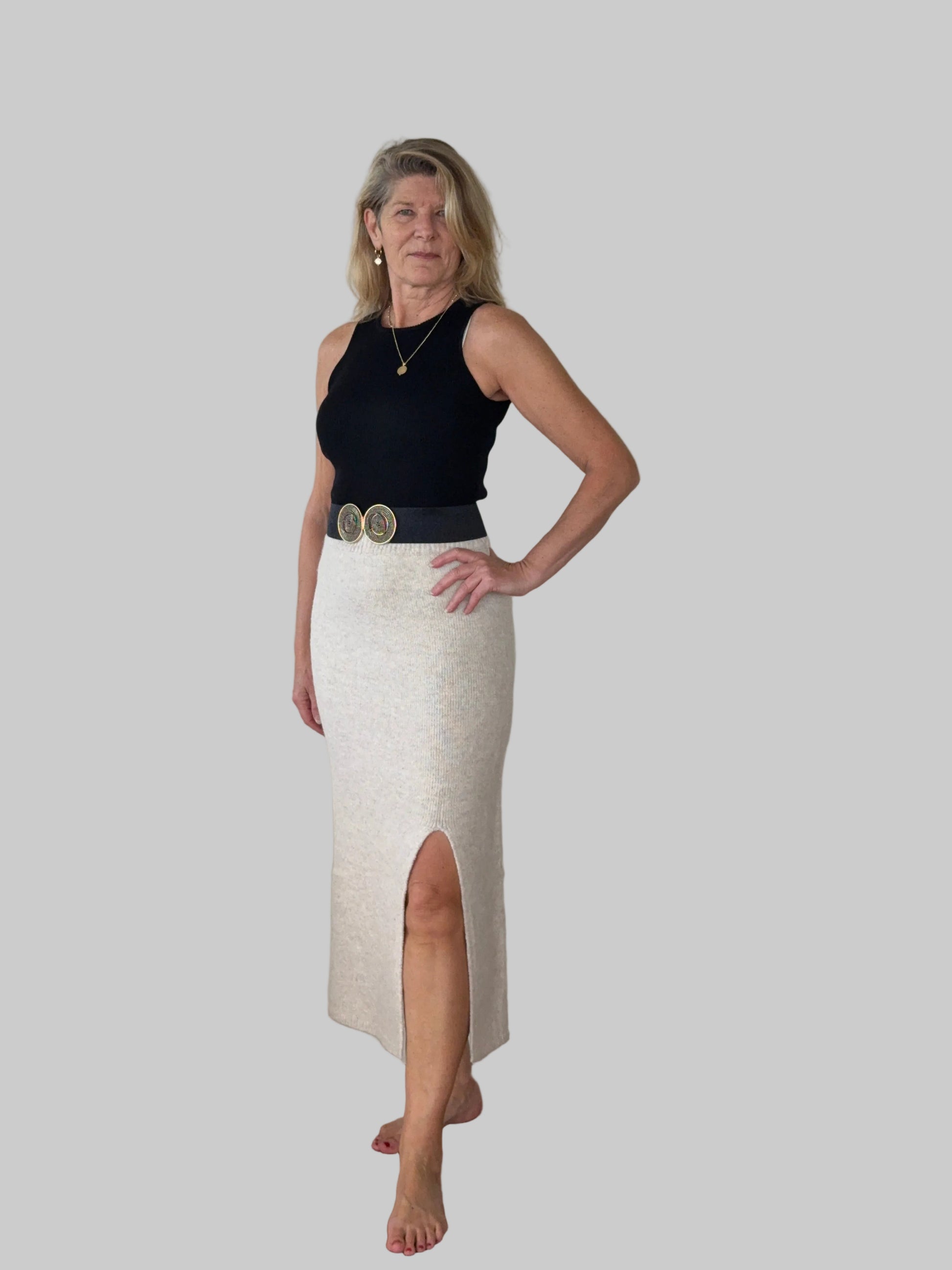 Soft knit cream midi skirt front split women Australia - front view - with wide belt and black tank top - Vida M/L - Cheeky Goddess