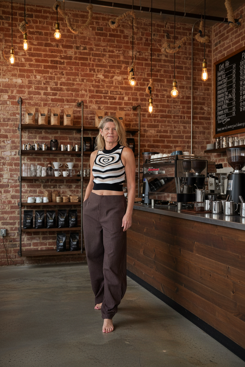 A woman stands barefoot in a rustic coffee shop with a brick wall and wooden counter, wearing a black and white striped sleeveless crop top and brown pinstriped pants.