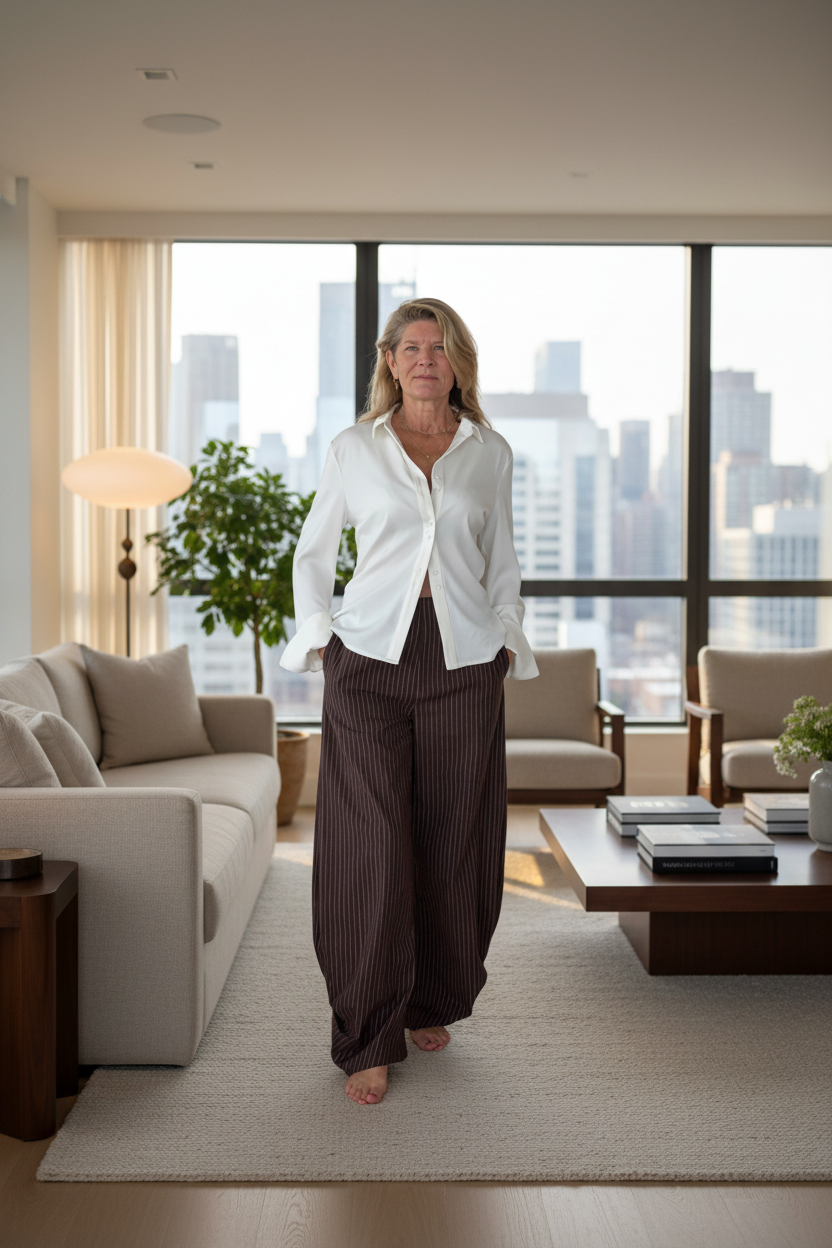 A woman stands in a modern living room wearing a white button-down shirt and dark brown pinstriped trousers, with a city skyline visible in the background behind large windows.