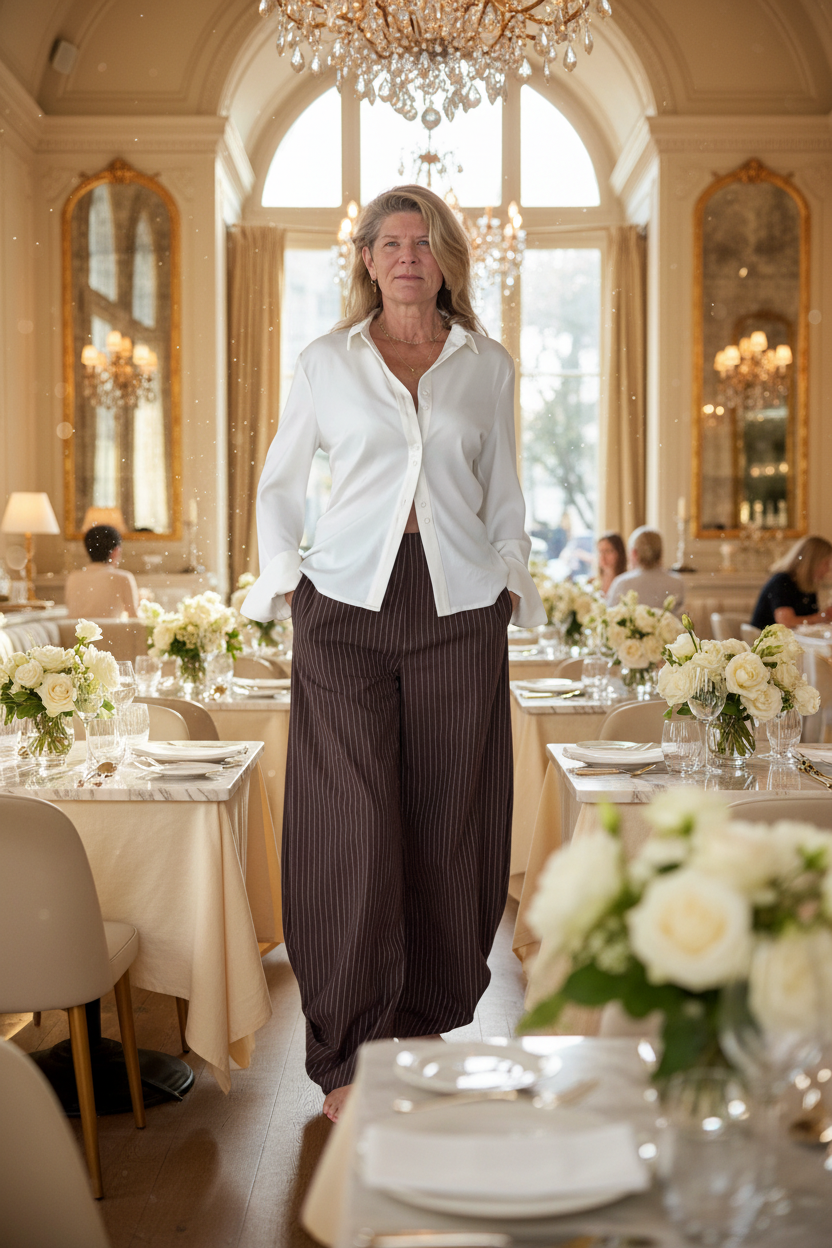 A woman walks down a grand, elegantly decorated restaurant corridor. She is wearing a white button-down shirt and dark brown pinstriped trousers.