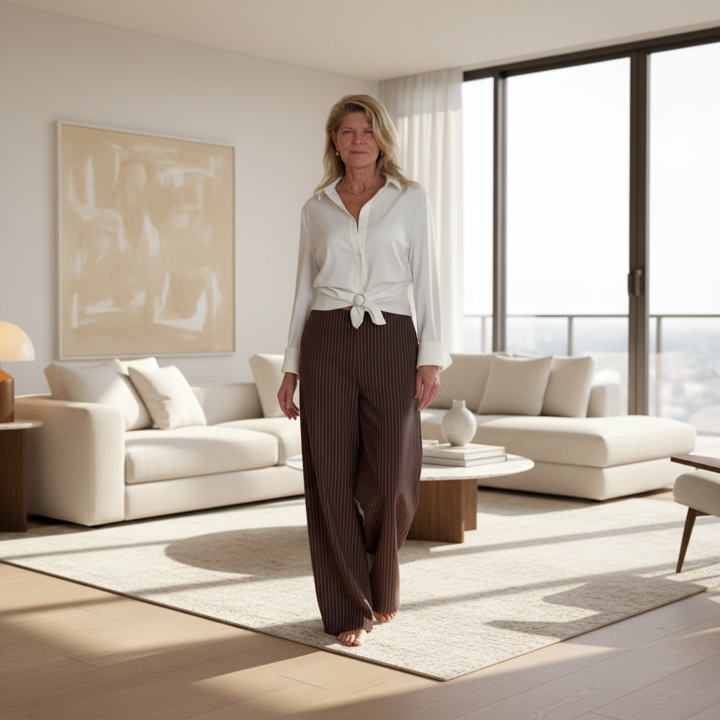A woman stands in a bright, modern living room wearing a white button-up shirt tied at the waist and dark brown pinstriped trousers.