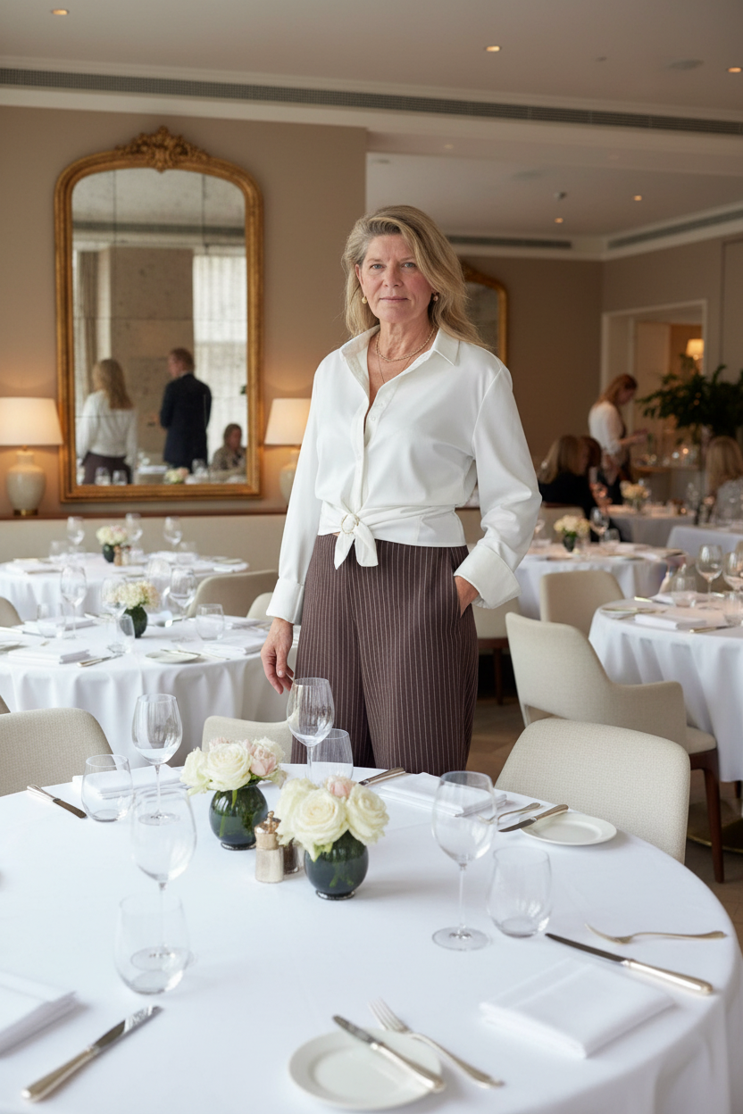 A woman stands in a formal dining room wearing a white long-sleeve blouse tied at the waist and a brown pleated skirt. The foreground shows a white table set with plates, cutlery, wine glasses, and small floral centerpieces.