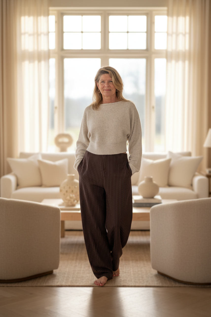 Woman standing in a bright living room with large windows
