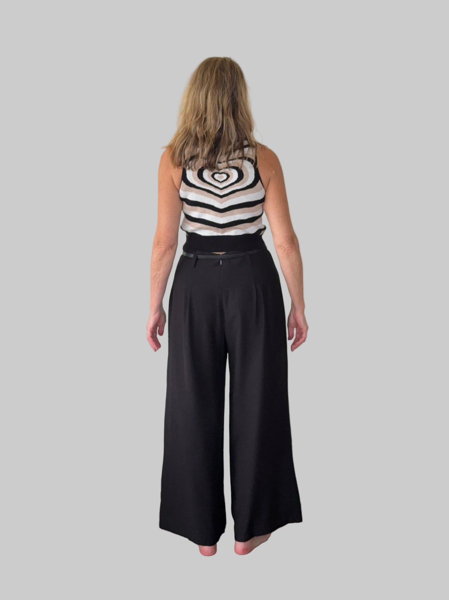 Black flowy wide leg pants women - back view - pleated detail - with belt and geometric knit tank top - Cheeky Goddess Australia